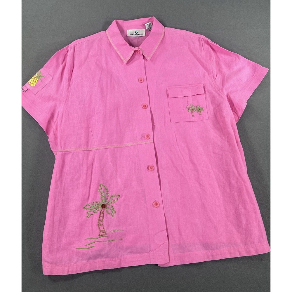 Erin London Pink Linen Blend Palm Tree Pineapple Embroidered Shirt XL Vintage